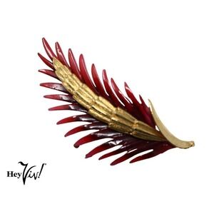 Vintage Signed PIM Leaf Feather Gold Pin Brooch w Red Enamel 3" Long - Hey Viv !